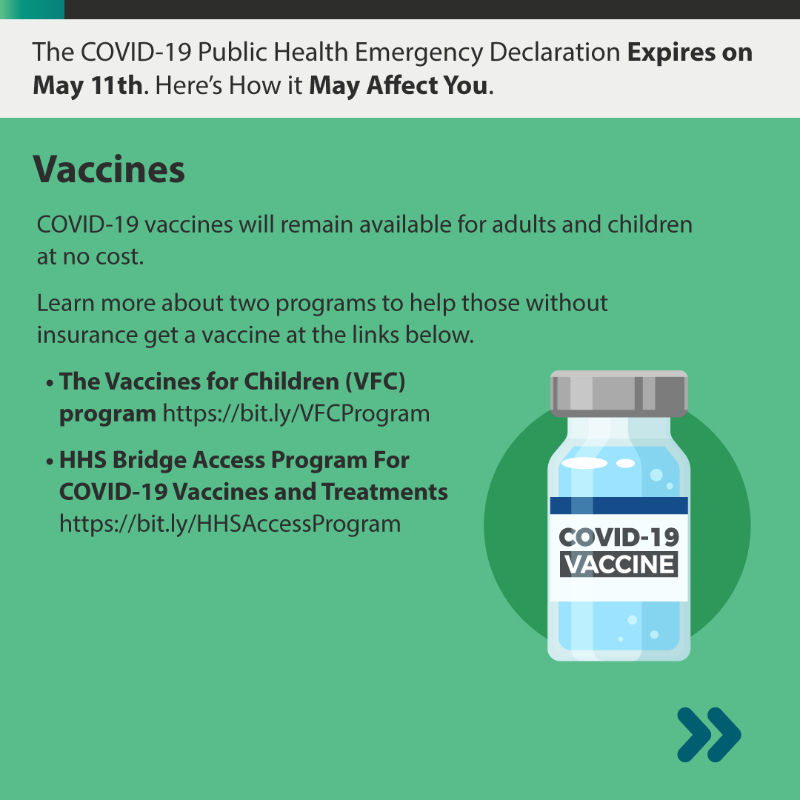 CDCgov's tweet photo. The Public Health Emergency (PHE) Declaration for COVID-19 is ending on May 11, but CDC’s key recommendations stay the same:  

📅 Stay Up to Date with COVID-19 Vaccines.
🤒 Get tested if you have symptoms or if you were exposed to COVID-19.  

https://t.co/4pW71kHfps