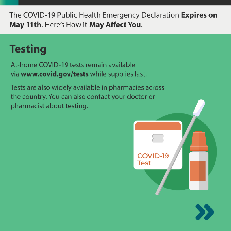 CDCgov's tweet photo. The Public Health Emergency (PHE) Declaration for COVID-19 is ending on May 11, but CDC’s key recommendations stay the same:  

📅 Stay Up to Date with COVID-19 Vaccines.
🤒 Get tested if you have symptoms or if you were exposed to COVID-19.  

https://t.co/4pW71kHfps