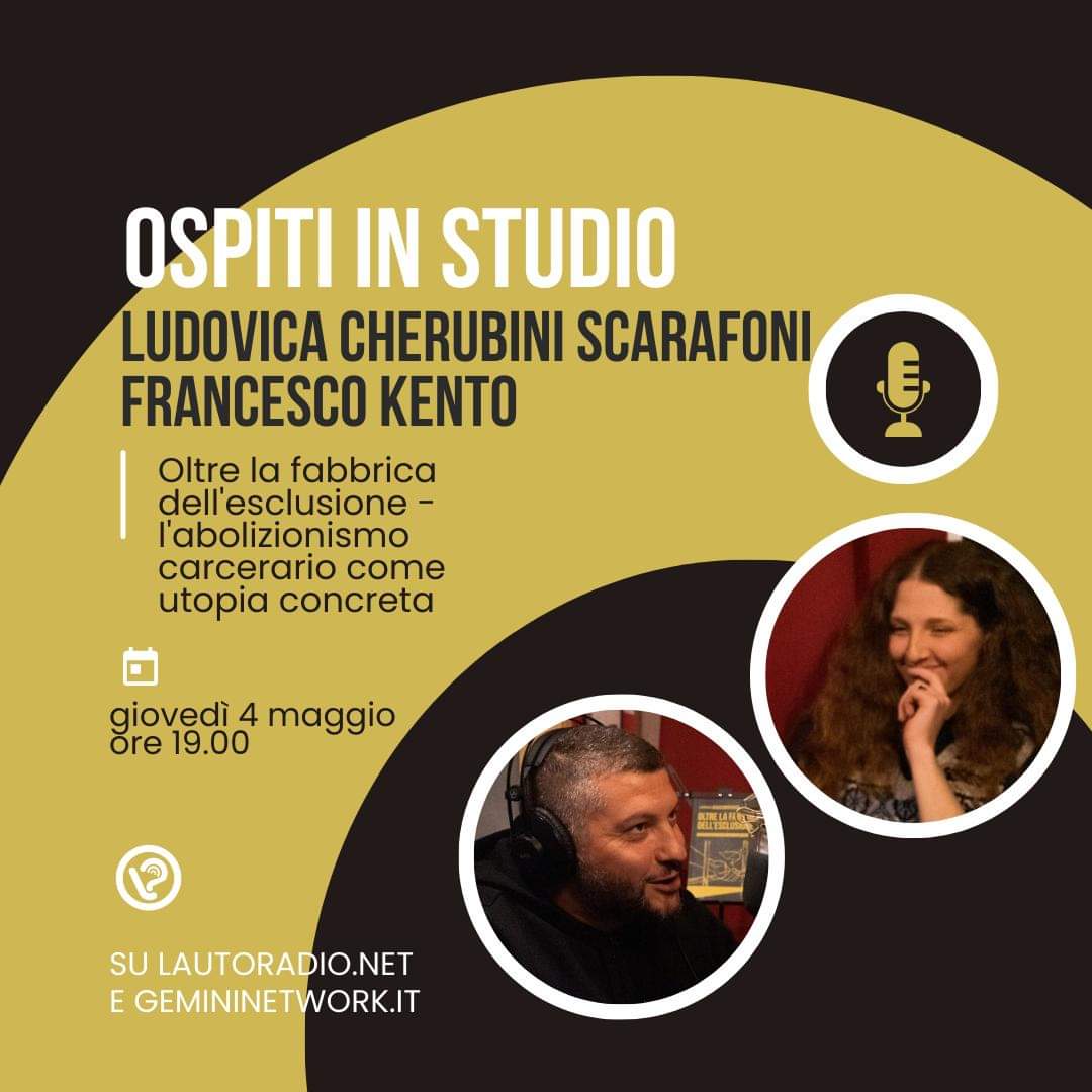 Mencari1Martina's tweet photo. Oggi in streaming alle 19.00
L'intervista a Ludovica Cherubini Scarafoni ed a Francesco Kento Carlo.

“Oltre la fabbrica dell'esclusione- l'abolizionismo carcerario come utopia concreta”.

#abolizionismocarcerario #interviste https://t.co/0XYCYKksKt
