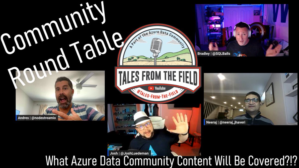 Tales From The Field (@talesftfield) on Twitter photo Tuesday's Roundtable lnkd.in/euYV65t4
Content by: <a href="/swethamaresan/">Swetha Amaresan♕</a> <a href="/gavi_sr/">Gavita Regunath</a> <a href="/samay_sharma/">Samay Sharma</a> <a href="/KromerBigData/">Mark Kromer</a> <a href="/dattatreysindol/">Dattatrey Sindol (Datta)</a> <a href="/mssqltips/">MSSQLTips - Free Daily #SQLServer Tips</a> <a href="/nikhilsehgal_ai/">Nikhil Sehgal</a> <a href="/gep13/">Gary Ewan Park</a> <a href="/phstrengholt/">Piethein Strengholt</a> <a href="/dbafromthecold/">Andrew Pruski 🏴 🇮🇪</a> <a href="/SQLServerCentrl/">SQLServerCentral</a> <a href="/SQLBalls/">Bradley Ball</a>
<a href="/JoshLuedeman/">Josh Luedeman | @joshluedeman.bsky.social</a> <a href="/neeraj_jhaveri/">Neeraj Jhaveri</a> <a href="/SQLBalls/">Bradley Ball</a> <a href="/nodestreamio/">NODESTREAMIO | Andrés Padilla</a> Tuesday's Roundtable lnkd.in/euYV65t4
Content by: <a href="/swethamaresan/">Swetha Amaresan♕</a> <a href="/gavi_sr/">Gavita Regunath</a> <a href="/samay_sharma/">Samay Sharma</a> <a href="/KromerBigData/">Mark Kromer</a> <a href="/dattatreysindol/">Dattatrey Sindol (Datta)</a> <a href="/mssqltips/">MSSQLTips - Free Daily #SQLServer Tips</a> <a href="/nikhilsehgal_ai/">Nikhil Sehgal</a> <a href="/gep13/">Gary Ewan Park</a> <a href="/phstrengholt/">Piethein Strengholt</a> <a href="/dbafromthecold/">Andrew Pruski 🏴 🇮🇪</a> <a href="/SQLServerCentrl/">SQLServerCentral</a> <a href="/SQLBalls/">Bradley Ball</a>
<a href="/JoshLuedeman/">Josh Luedeman | @joshluedeman.bsky.social</a> <a href="/neeraj_jhaveri/">Neeraj Jhaveri</a> <a href="/SQLBalls/">Bradley Ball</a> <a href="/nodestreamio/">NODESTREAMIO | Andrés Padilla</a>