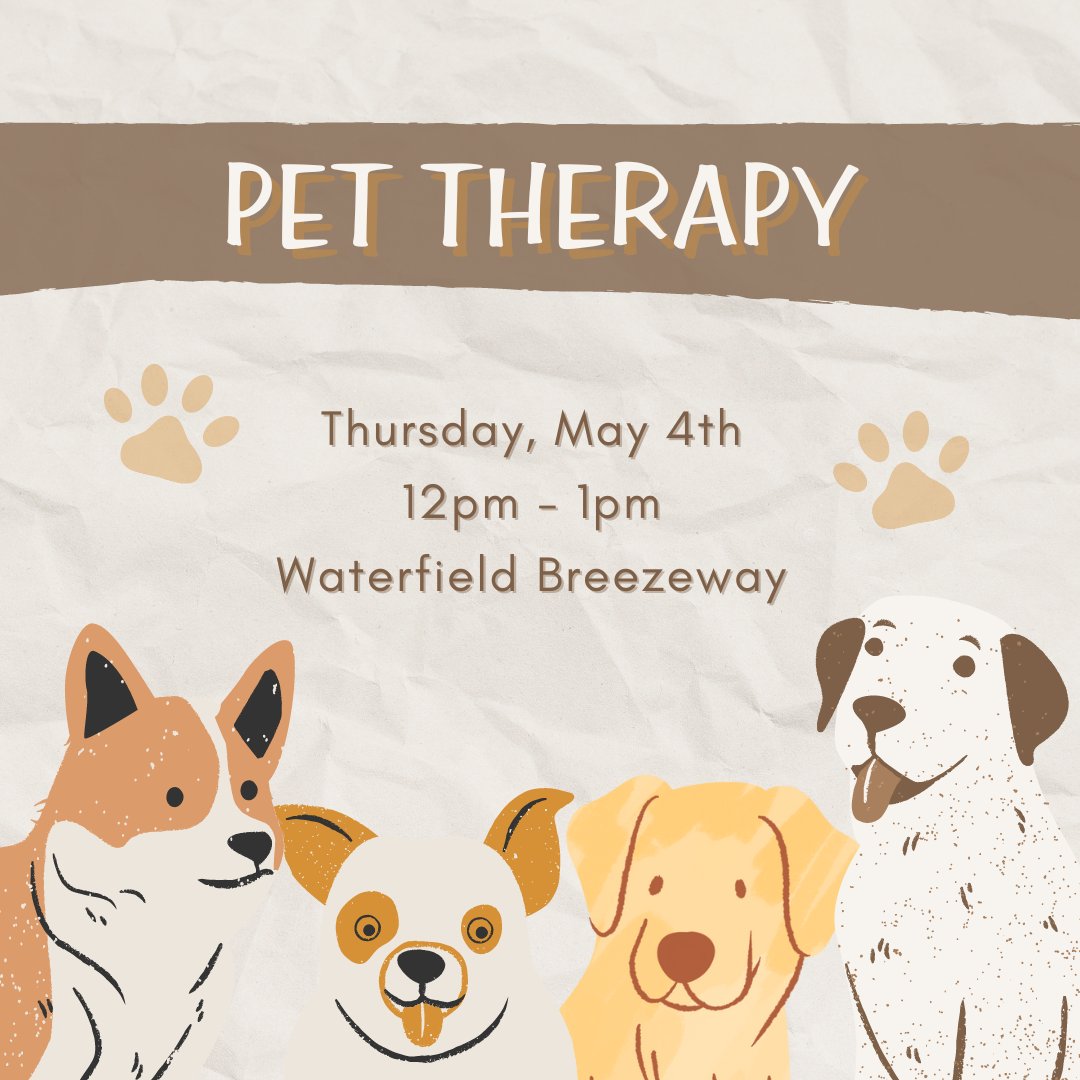 Get an instant mood boost at Pet Therapy! Our furry friends will be on the Waterfield Breezeway today from 12-1pm.
#pettherapy #destressweek