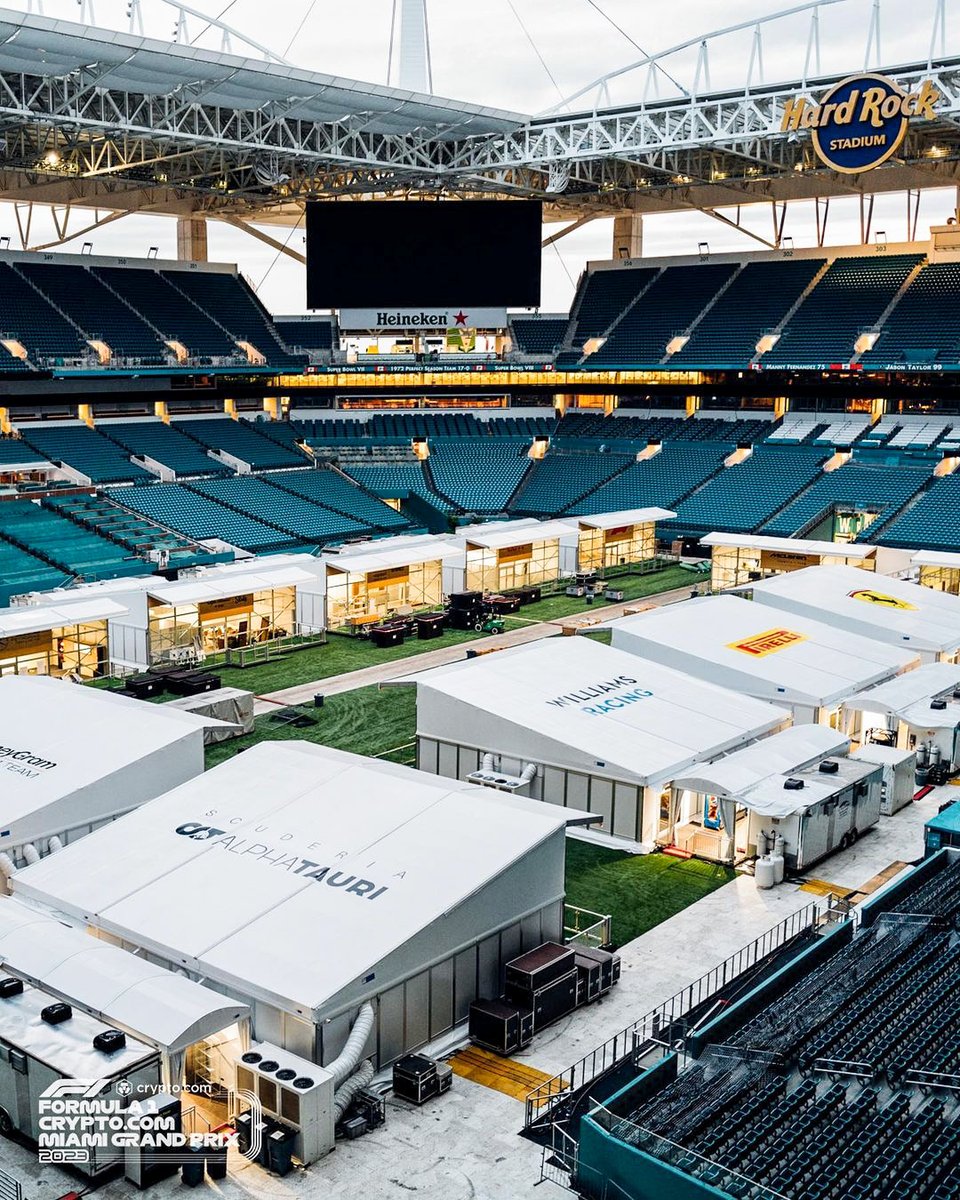 For the next four days, ten Formula 1 teams are operating out of a  temporary Team Village for the Miami Grand Prix — inside Hard Rock Stadium: