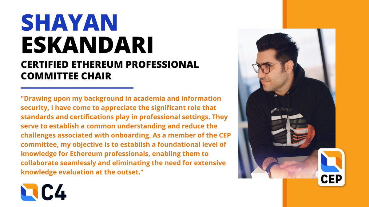 Get to Know C4: Meet Shayan! Shayan is our Ethereum Committee Chair. Shayan is currently a doctoral candidate in Information Systems Engineering at Concordia University and has published several peer-reviewed papers on blockchain technology. Thanks for all you do, @sbetamc!