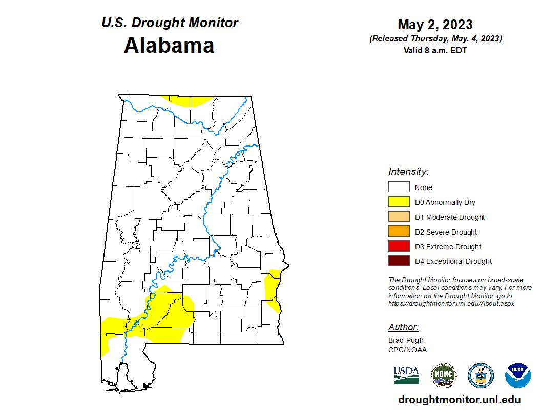 Improvement from last week's US Drought Monitor with ~10% D0 (Abnormally Dry) coverage with pockets in the Athens/Elkmont area, southwest AL, and Barbour County. #auburnwater #drought #droughtpreparedness