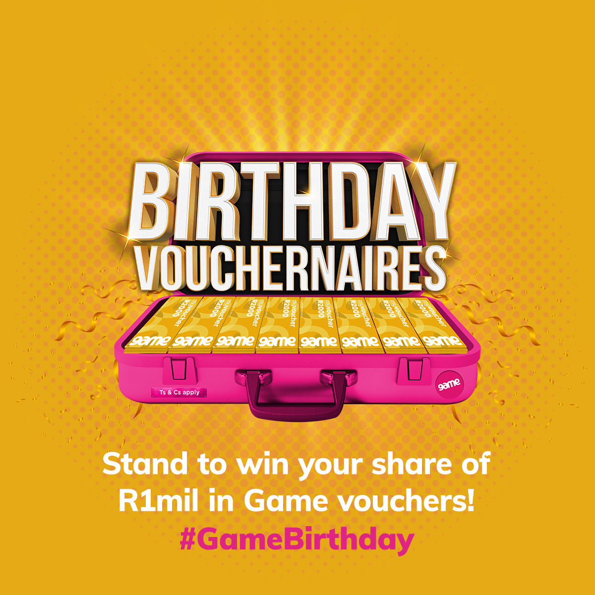 Game_Stores's tweet photo. Become the next vouchernaire just like that 🤞, 𝗟𝗜𝗞𝗘 ❤️ this Tweet to find out how you could stand to 𝗪𝗜𝗡 your share of R1mil in Game vouchers! Ts &amp; Cs apply. #GameBirthday #GotGame https://t.co/rqs2TFcNmf