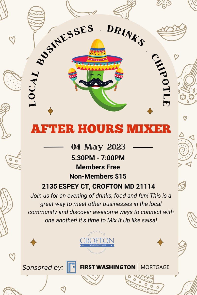 Join us tonight for our After Hours Mixer at First Washington Mortgage. 5/4/23 | 5:30pm-7pm Join us for an evening of drinks, music, food and fun! #CroftonChamber #croftonmd #Maryland #may4thbewithyou #May4th #AfterHoursMixer👏