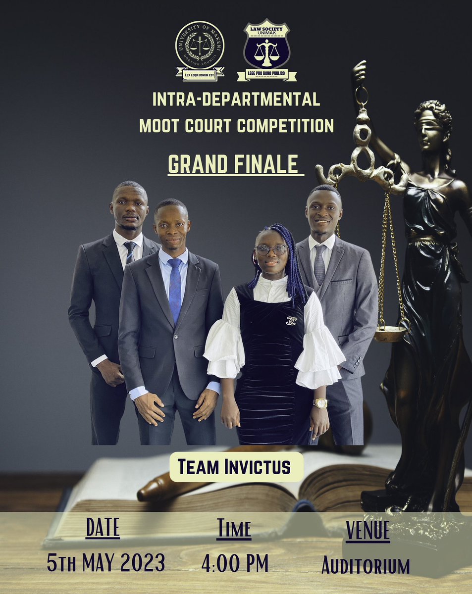 UnimakLaw's tweet photo. It’s our pleasure to introduce to you one of the teams that have made it to the final of the ABDULAI HAMID CHARM MOOT COURT COMPETITION, 2023.

Team Invictus! This team has demonstrated exceptional legal skills and dedication throughout the competition. https://t.co/okY3Jh1meU