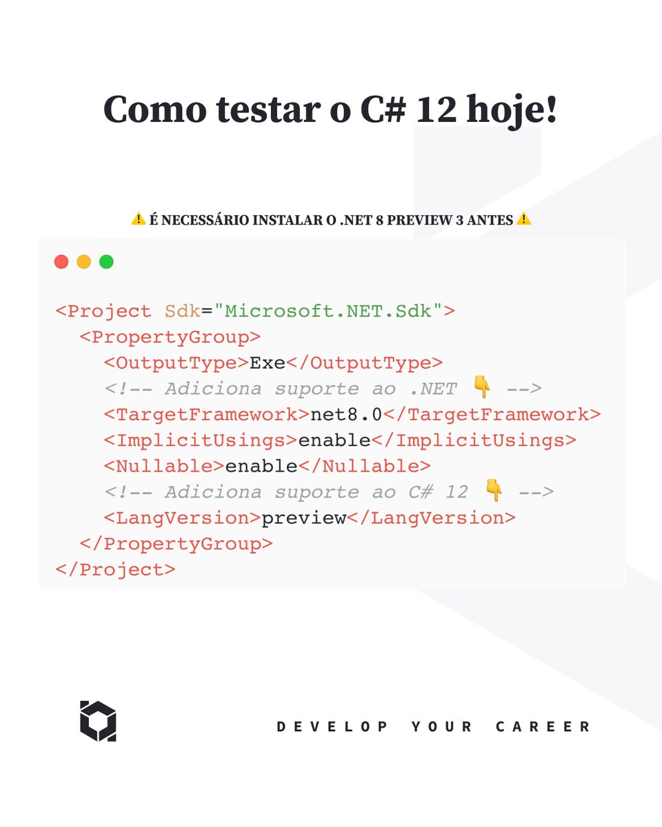 Para testar as novidades, basta instalar o .NET 8 Preview 3 e habilitar a opção LangVersion no seu CSPROJ.
.
#csharp #microsoft #dotnet #aspnet #blazor #maui #tech #dev #developer #programmer #programador #programming #programação #desenvolvedor #balta