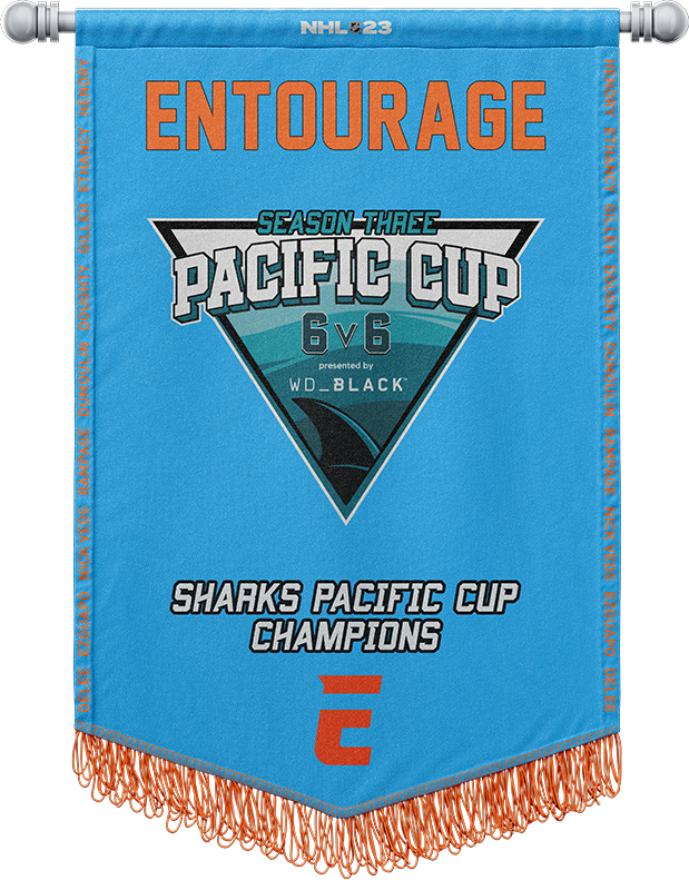 Hanging of the #SharksPacificCup Season 3 Banner!

Congrats to <a href="/EntourageNHL/">Entourage</a> 🏆

LW <a href="/Hxndryy/">Hendry</a> 
C <a href="/Ethxncy/">Ethan</a> 
RW <a href="/gilleh93/">gilly</a>  
LD @Doughtyy_ 
RD <a href="/DumoulinNHL/">Dumoulin</a> 
G <a href="/RampageNHL/">Horn</a>  
utl <a href="/xDelee_/">xDelee</a> 
utl <a href="/NickVeds/">Veds</a>

@WD_BLACK | <a href="/SanJoseSharks/">San Jose Sharks</a> | <a href="/SJSharksGaming/">SJSharks Gaming</a>