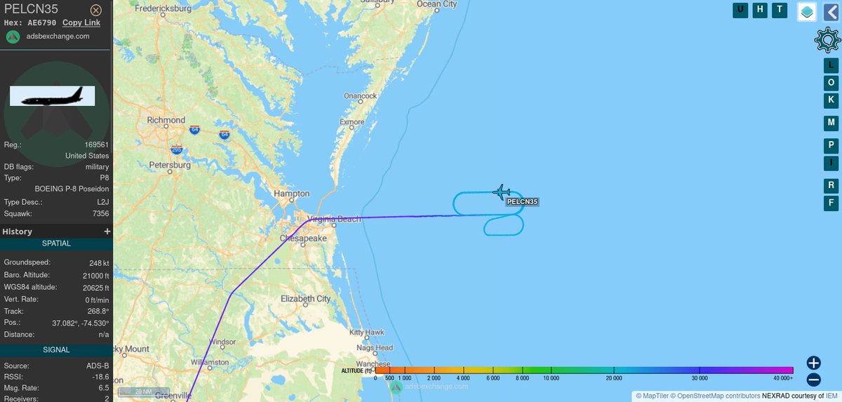 TheIntelFrog's tweet photo. US Navy P-8A Poseidon #AE6790 as PELCN35 in orbit over the same location just abeam of Norfolk, VA.  

Likely working with some surface assets on some ASW training. https://t.co/cFCaPETG9T