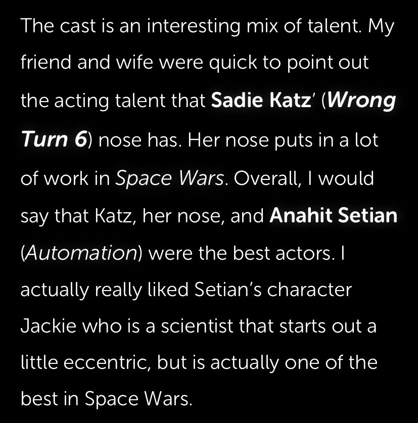sadie_katz's tweet image. 😂 @GeekTyrant thank you for watching and writing about Space Wars and the lovely Anahit and umm my nose. I did feel like my character would be a “nose flarer” when upset! HA #geek #spacewars #nosey