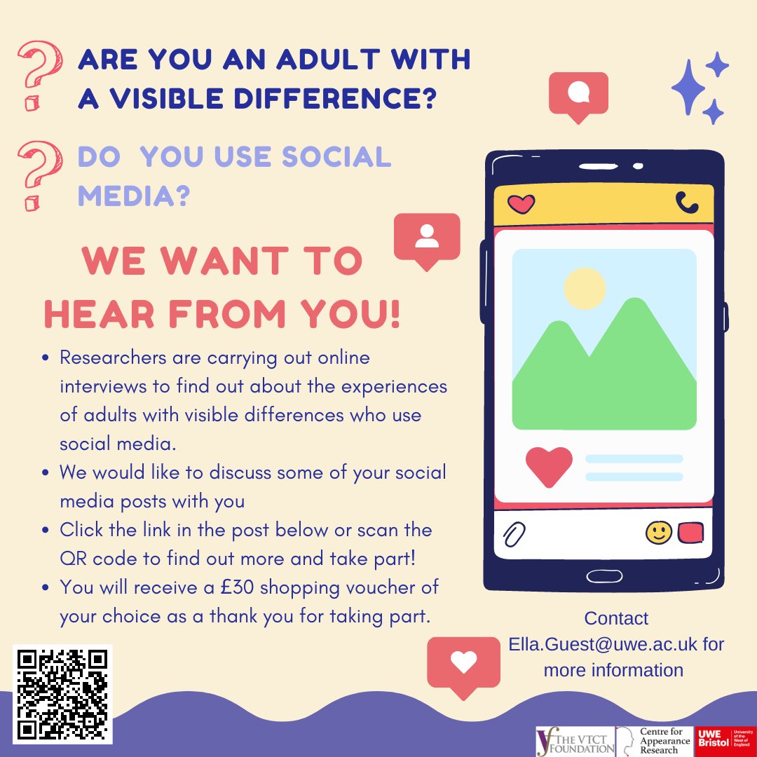 CAR_UWE's tweet photo. 🥁 Calling adults with #visibledifferences who use social media! CAR is looking to find out more about your experiences and to discuss some of your posts. Sign up here 👉🏽: https://t.co/nVkaWrbMW2. Contact 📧: Ella.Guest@uwe.ac.uk for more info. #Research #Science #Participants https://t.co/xbypZXlvwq