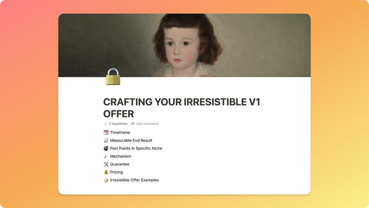 🚨 I made a document going over the EXACT steps you need to take to create an irresistible offer for your service.

You get guides on:
- Irresistible Offer Examples
- Pricing Structures
- Guarantees

Get it for FREE if you:

- Retweet 
- Comment ''V1'' 

(YOU MUST BE FOLLOWING)