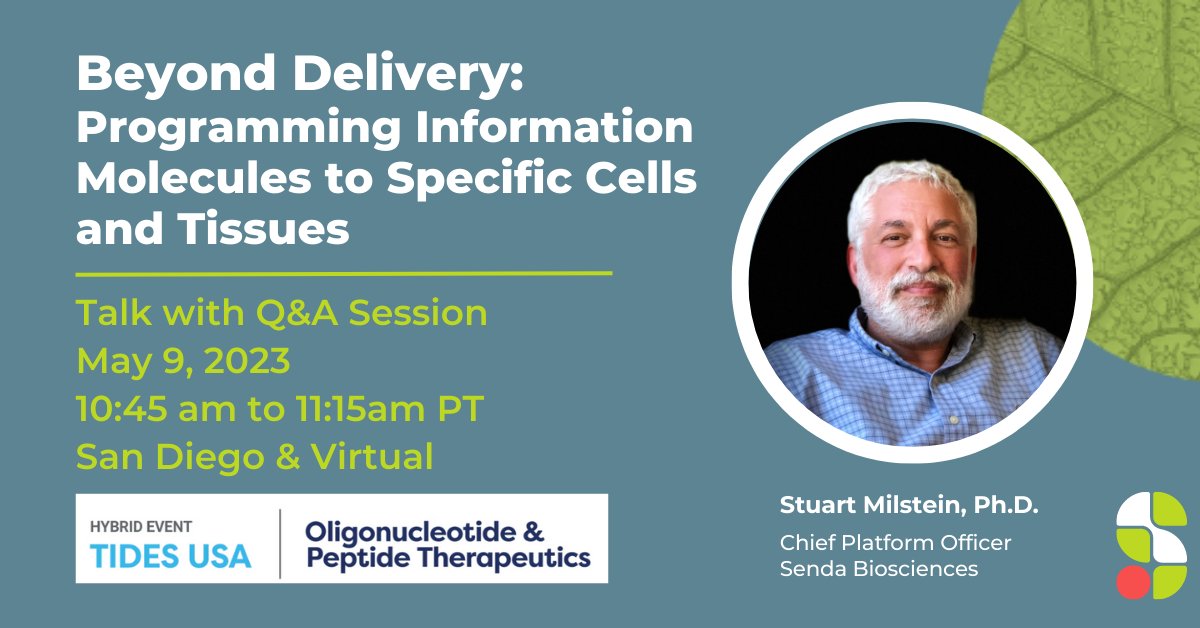 ICYMI, we will be at #TIDESUSA next week! Our Chief Platform Officer Stuart Milstein will discuss how Senda’s Atlas of natural nanoparticles enables programming information molecules, such as #RNA, to the cell, to unlock fully #programmablemedicines.

informaconnect.com/tides/