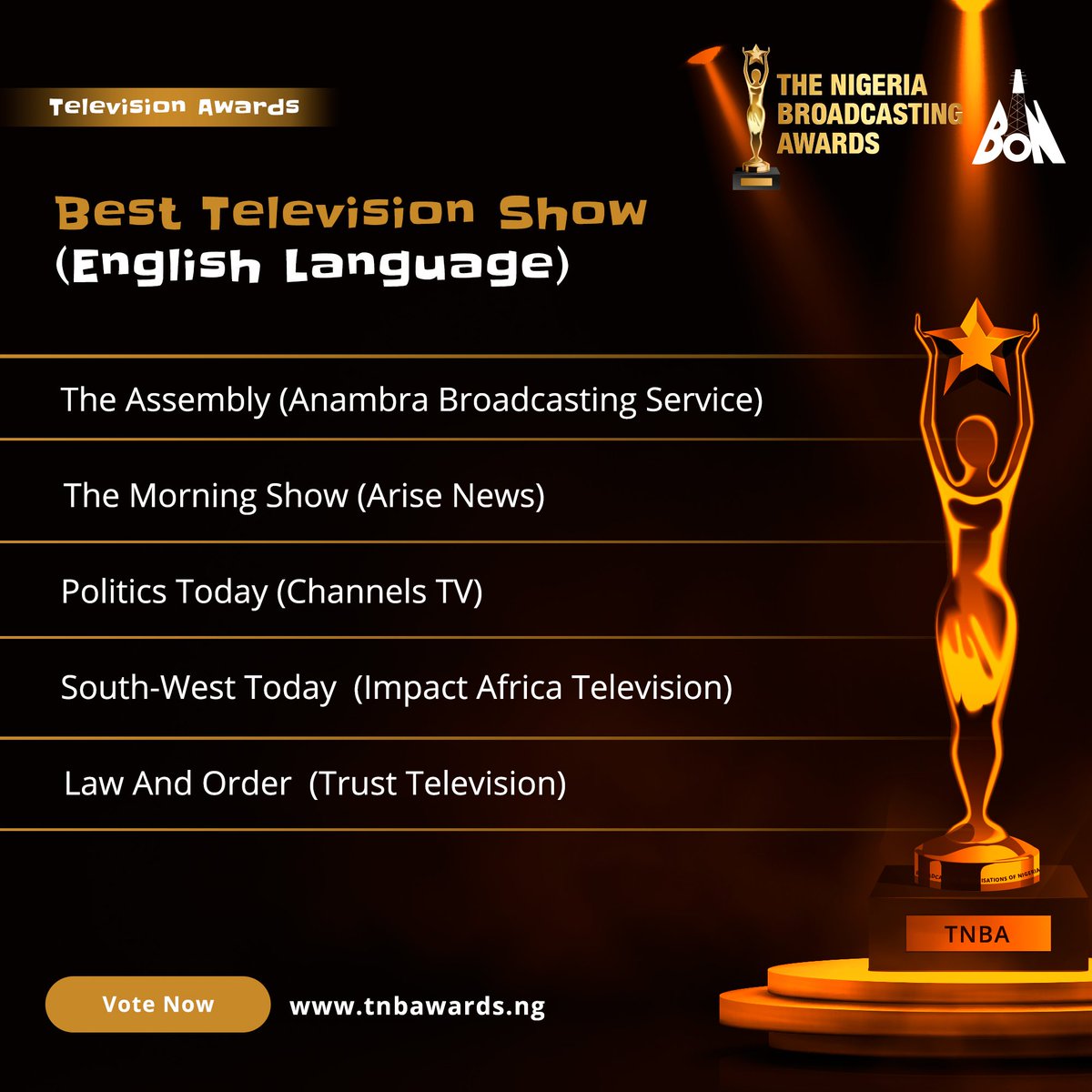 TNBAwards's tweet photo. Scan through the categories, pick your top faves and head on over to vote now!

#tnba #broadcast #nigerianbroadcasters
#media #mediahouse #broadcasters #broadcasting #television #tvbroadcast #ontv #Broadcasting https://t.co/ZaHUXNyHK8