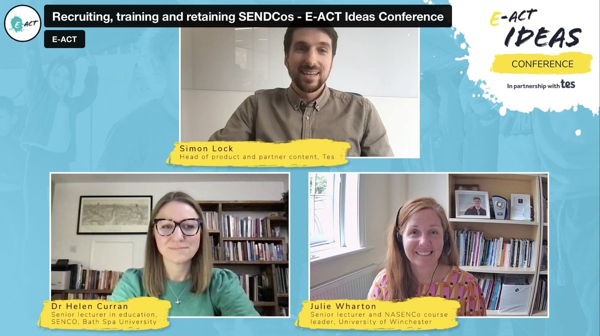EducationEACT's tweet photo. Watch @Simon_Lock_ @JulieCWharton @drhelcurran discuss retaining and recruiting SENDCos on-demand at our E-ACT Ideas Conference in partnership with @Tesforteachers. Catch up at: https://t.co/poWT6Ufqbk #EACTIdeas #SEND #EACTIdeasConference https://t.co/qd1QKFeslb