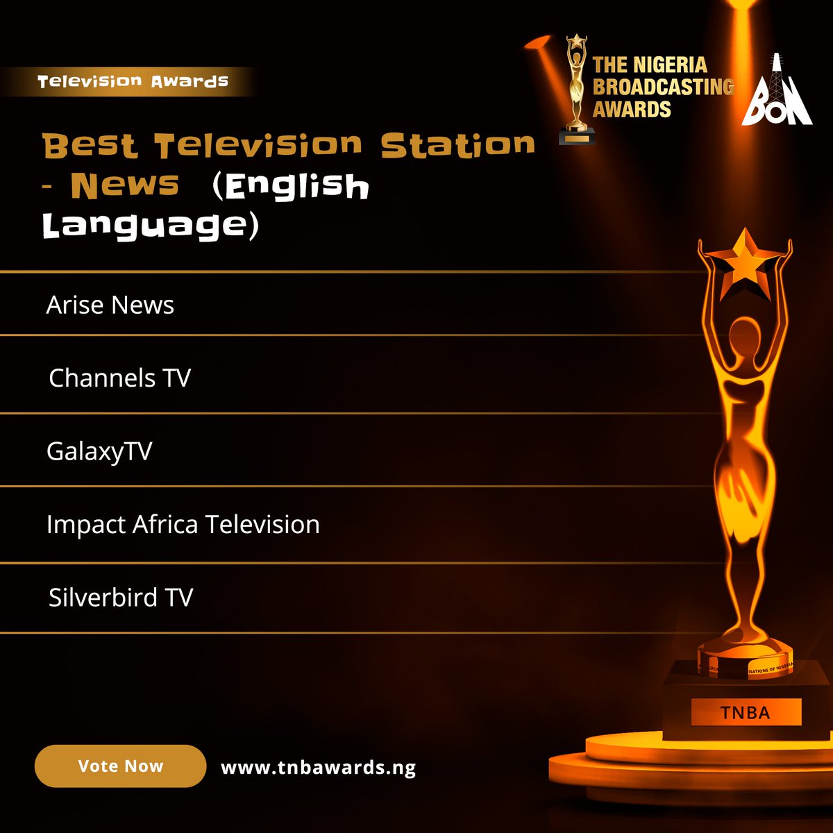 TNBAwards's tweet photo. Cast your vote today to celebrate incredible talents in the Nigerian television broadcast. 
Link to vote in bio

#tnba #broadcast #nigerianbroadcasters
#media #mediahouse #broadcasters #broadcasting #television #tvbroadcast #ontv #broadcasting https://t.co/kLD0OZfx2K