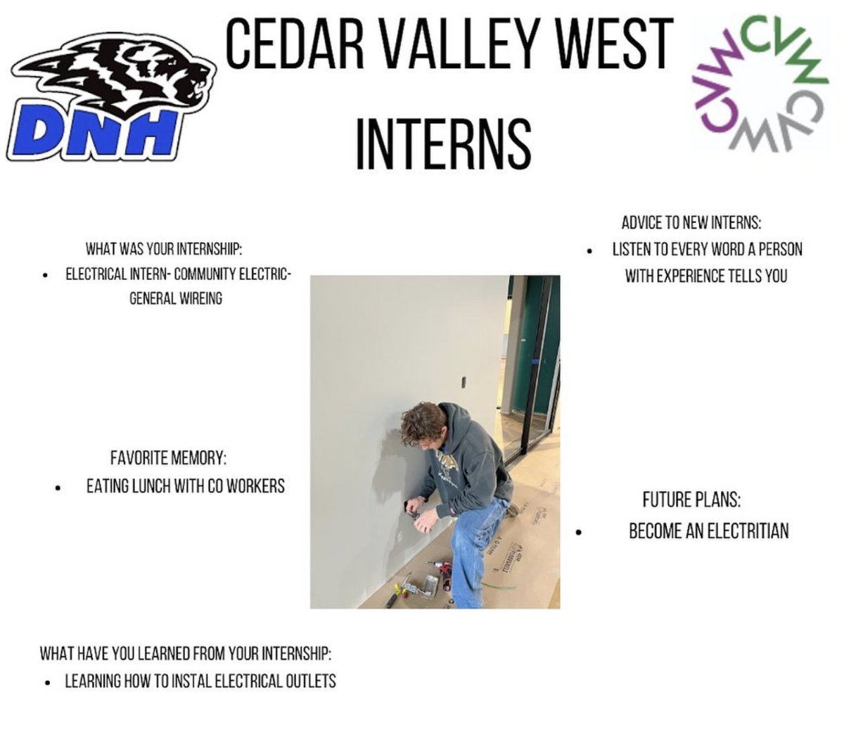 CedarValleyWest's tweet photo. Featuring Community Electric Internship. Thank you for the opportunity! #CVWbeInvolved @DNHCSD https://t.co/DBP60w0yqe