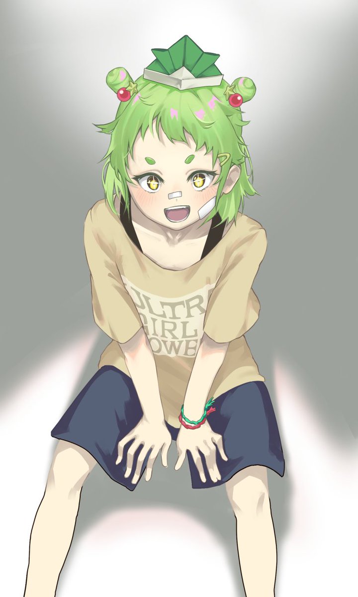 green hair solo 1girl bandaid on face bandaid shirt sitting  illustration images