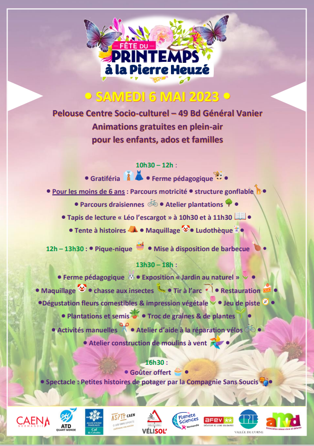 Samedi, à la Pierre-Heuzé, célébrons ensemble le printemps 🦋! Vous pourrez profiter d'animations gratuites en plein air pour les enfants, les ados et les familles toute la journée ! #Caen