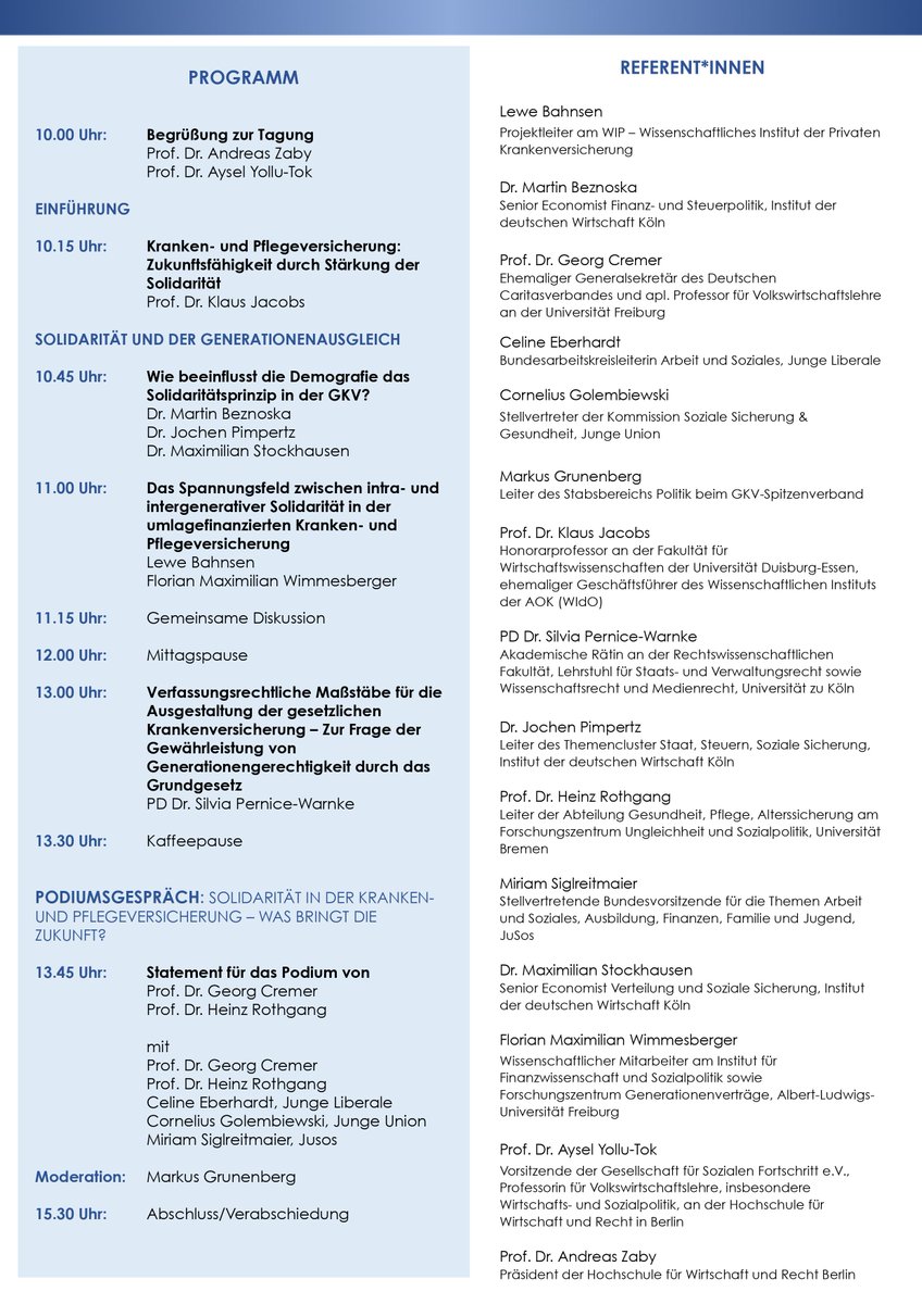 Einladung zur Tagung „Solidarität in der gesetzlichen Kranken- und Pflegeversicherung“ am 23. Juni 2023 an der  <a href="/HWR_Berlin/">HWR Berlin</a>.

Mit @LeBahnsen @mbeznoska  <a href="/iw_koeln/">Institut der deutschen Wirtschaft</a>  <a href="/EberhardtCeline/">Celine Eberhardt</a> <a href="/CorneliusGolem/">Cornelius Golembiewski</a>  <a href="/GKV_SV/">GKV-Spitzenverband</a> <a href="/sglrtmr/">Miriam Siglreitmaier</a> @StockhausenEcon  <a href="/fwimmesberger/">Florian Wimmesberger</a> <a href="/Ay_yo_to/">Aysel Yollu-Tok</a>.