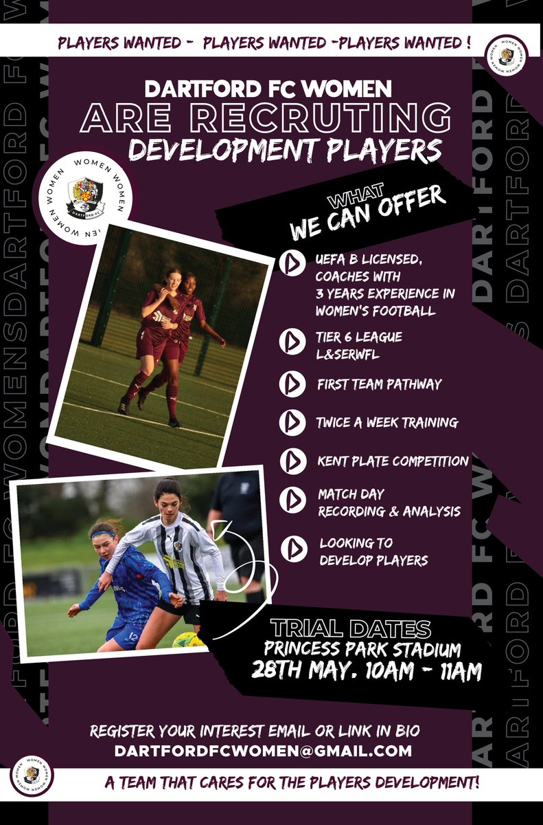 DartfordFCWomen's tweet photo. We are pleased to announce that Dartford FC Women are opening trials for May 28th for Both First Team &amp; Development! 

📅 28th May 
📍 Princes Park 3G
✍️ Register Now email 
📧 dartfordfcwomen@gmail.com
🔗 LINK IN BIO via https://t.co/oQQMSBM0E2

#upthedarts #becomeadart https://t.co/RvAQDIhBxY
