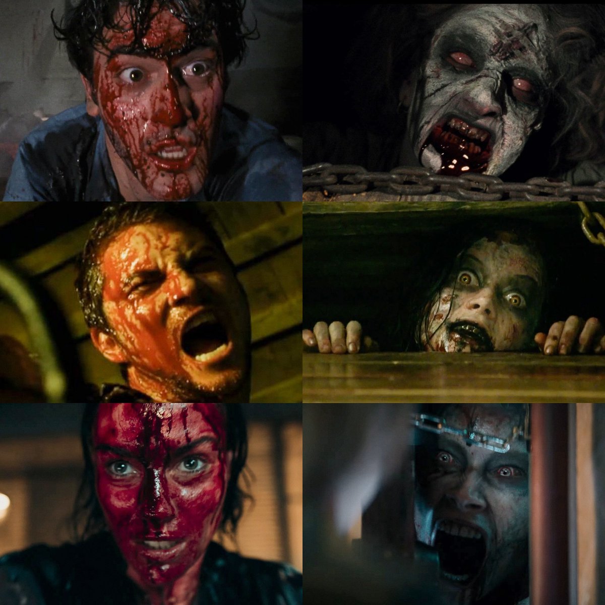 horrorlogy's tweet photo. the evil dead (1981) / evil dead (2013) / evil dead rise (2023) https://t.co/d97FjPASVa