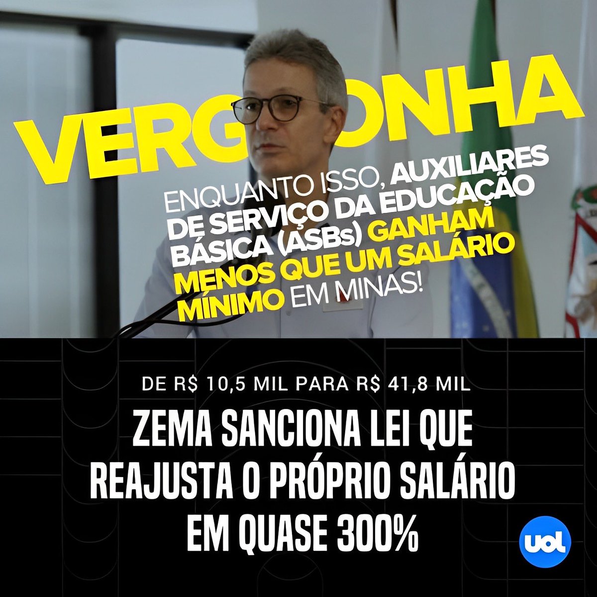 sindutebetim's tweet photo. ⚠️ Absurdo!

Governador Romeu Zema, o mesmo que sancionou o aumento de 298% do próprio salário, não paga aos ASBs um salário digno

#SindUTE #Paralisação #ForaZema #Educação #MinasGerais https://t.co/YnuQApTG1o