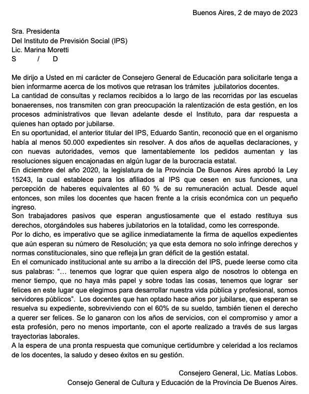 soyMatiasLobos's tweet photo. 🚨SON SÓLO 50 MIL DOCENTES⚠️
Les solicito a las autoridades del @IPSBuenosAires que se agilicen los trámites jubilatorios de los docentes de la Provincia de Buenos Aires. Es un reclamo reiterado del personal docente que encuentran trabas burocráticas que demoran sus jubilaciones. https://t.co/L7rbo3EoSy