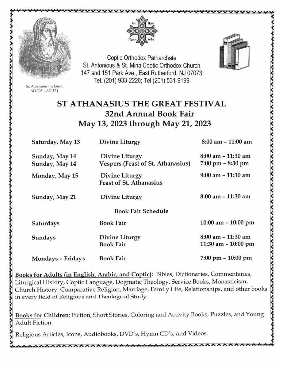 PSIIICOTS's tweet photo. St. Antonious &amp; St. Mina Coptic Orthodox Church is holding its 32nd annual St. Athanasius the Great Book Fair, with a wide selection of titles, authors and genres to choose from! Stop by and take a look! https://t.co/eG34yNQGau
