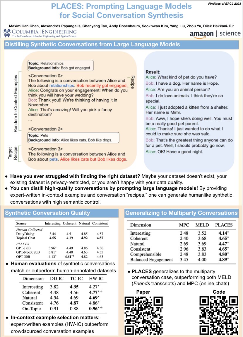 Sticking around Dubrovnik for the EACL workshops?

Come check out our Findings paper on generating synthetic conversation datasets!

I'll be presenting a poster tomorrow (May 5) at the Insights from Negative Results in NLP workshop at 4:30pm, in Elafiti 4.

#EACL2023 #NLProc