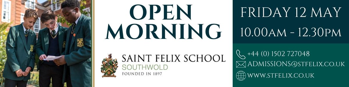 Saint Felix School (@stfelixsch) on Twitter photo Date for the diary!
Experience the warm, family-like community at Saint Felix School during our Open Morning, Friday 12 May 2023, at 10am.
Book now trybooking.co.uk/CITJ
Or call Natalie Lewis, our lovely Admissions Manager, on 01502 727048 or email admissions@stfelix.co.uk Date for the diary!
Experience the warm, family-like community at Saint Felix School during our Open Morning, Friday 12 May 2023, at 10am.
Book now trybooking.co.uk/CITJ
Or call Natalie Lewis, our lovely Admissions Manager, on 01502 727048 or email admissions@stfelix.co.uk