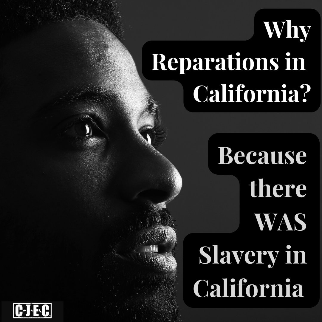 cjecofficial's tweet photo. Despite California entering the Union in 1850 as a 'free' state, its early state Government allowed and supported Slavery. Learn more about CA Reparations @ https://t.co/qZkAHJ8j60

#reparations
#reparationstaskforce
#californiareparationstaskforce @drsmcphd @cjecofficial https://t.co/IwL4fsJks4