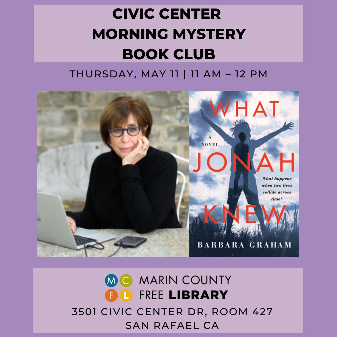 In one week, I'll be discussing #WhatJonahKnew in person at <a href="/Marinlibrary/">Marin Library</a> as part of the Civic Center Morning Mystery Book Club. Join me on May 11th at 11am in Room 427. This event is open to all! 

Learn more: marinlibrary.bibliocommons.com/events/642f03f…