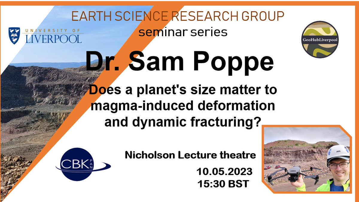 Liverpool Uni Earth Sciences (@livuniearthsci) on Twitter photo Next Wednesday, 10th May, at 15:30 our ESRG seminar series continues with Dr Sam Poppe from the Space Research Center - Polish Academy of Sciences: 
"Does a planet's size matter to magma-induced deformation and dynamic fracturing?"
Join us in the Nicholson, or online😀 Next Wednesday, 10th May, at 15:30 our ESRG seminar series continues with Dr Sam Poppe from the Space Research Center - Polish Academy of Sciences: 
"Does a planet's size matter to magma-induced deformation and dynamic fracturing?"
Join us in the Nicholson, or online😀