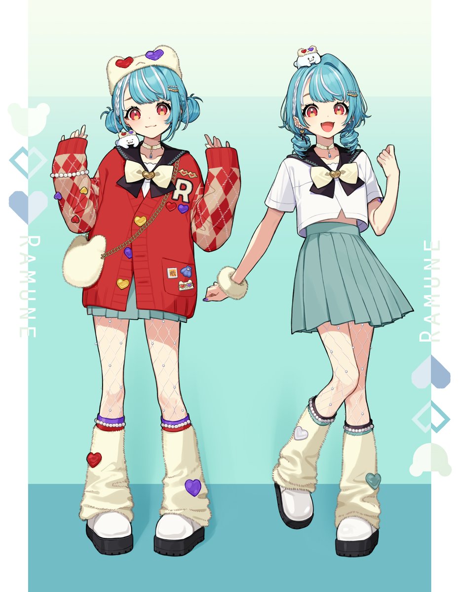 skirt blue hair smile 2girls multiple girls red eyes school uniform  illustration images