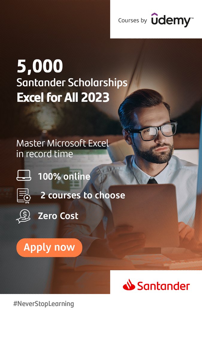 HudEnterprise's tweet image. Master Excel with this new FREE online programme from Santander, designed to help you build a solid understanding of one of the most in-demand digital tools.
Applications close 16 May 2023
bit.ly/3RKOPdX
#NeverStopLearning #Excelforall