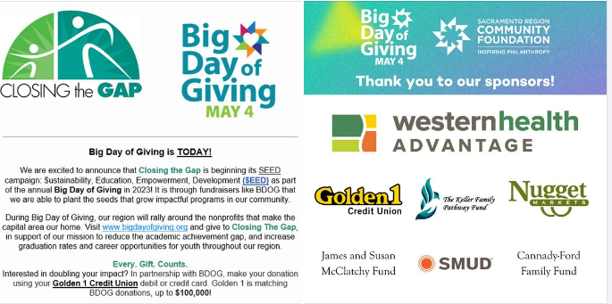 Closing_theGap's tweet photo. Its Big Day of Giving Day!!! We just sent out this email blast to hundreds of CTG Fans like you!!! We need you to donate to https://t.co/eQ1eHrkCSk so that we can help make a difference in your community. We also thank the staff of #BDOG2023 for their hard work &amp; their sponsors https://t.co/1sG2lLuTBL