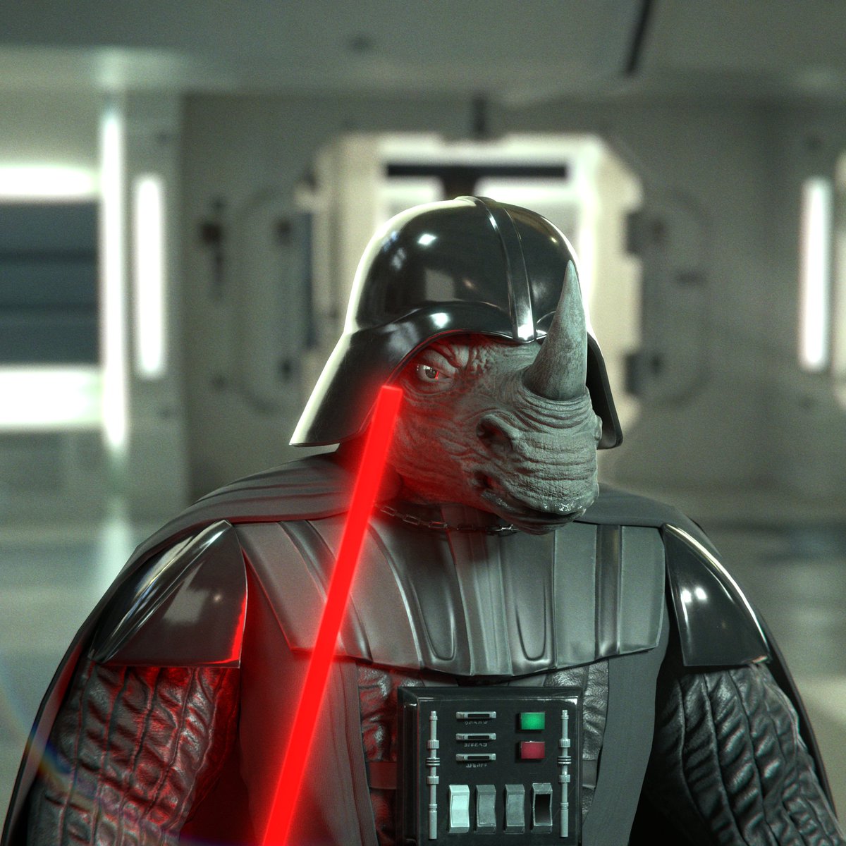 RogueRhinoclub's tweet photo. Meet Rogue Vader. He strikes fear into both primates and apes alike. With his dark side powers and signature black Armor, he operates beyond the bounds of any tribe. Armed with a red lightsaber, he is a force to be reckoned with.
But what led Rogue Vader down this path of darkness and betrayal? The #Apes. 

 #nft #nftart #nfts #nftcollector #nftcommunity #cryptoart #digitalart #art #crypto #nftartist #GoRogue #starwars #May4th #Maytheforcebewithyou