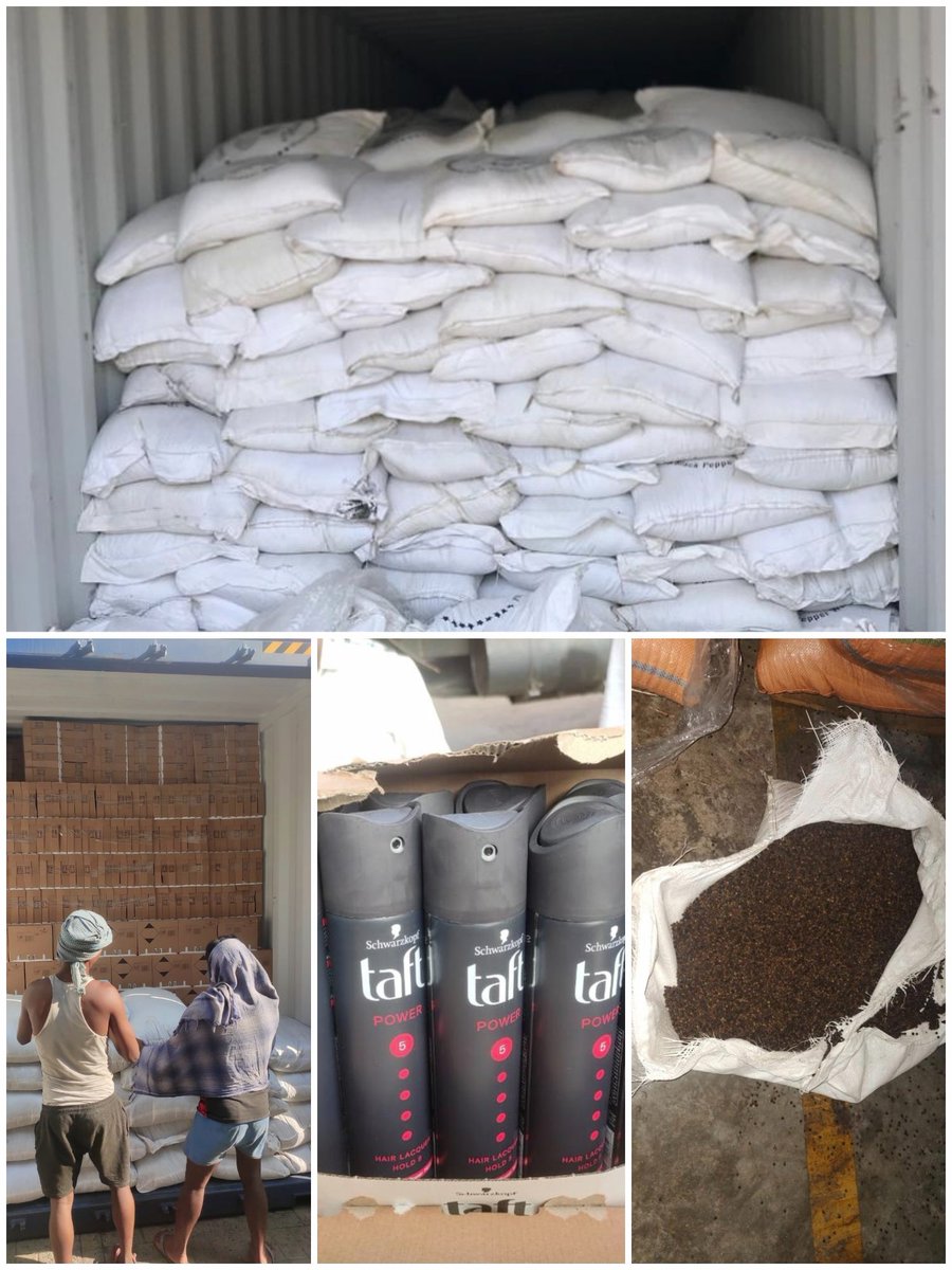 CustomsVijayaw1's tweet photo. Officers @CustomsVijayaw1 thwarted an attempt to smuggle restricted/prohibited goods viz. 53 MT Black Pepper, 136.7 MT Arecanuts &amp; Cosmetics altogether valued at Rs.17.85 Cr,through KP Port by concealment behind PP Bags in 9 containers thereby preventing duty evasion of 16.7 Cr. https://t.co/GjraDdrATF