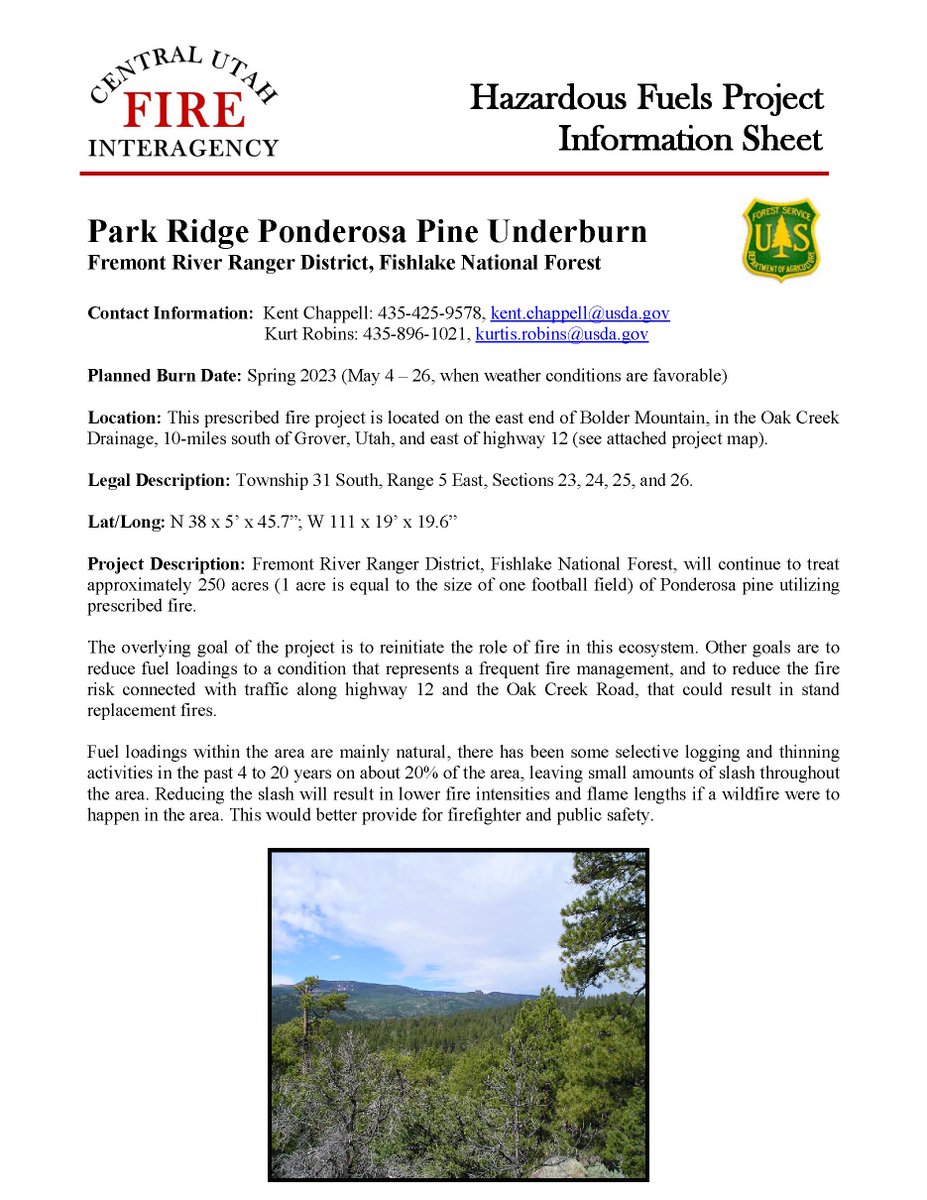 UtahWildfire's tweet photo. #usfsFNF Fremont River RD plans to conduct a 250-acre understory burn on #ParkRidgeRx. Ignitions will take place under Ponderosa pine, to clean up ground vegetation. Located 10 miles south of Grover, Utah and east of Hwy 12 on Boulder Mountain, in Garfield County. #FuelsProjects https://t.co/X8LG1vQqao
