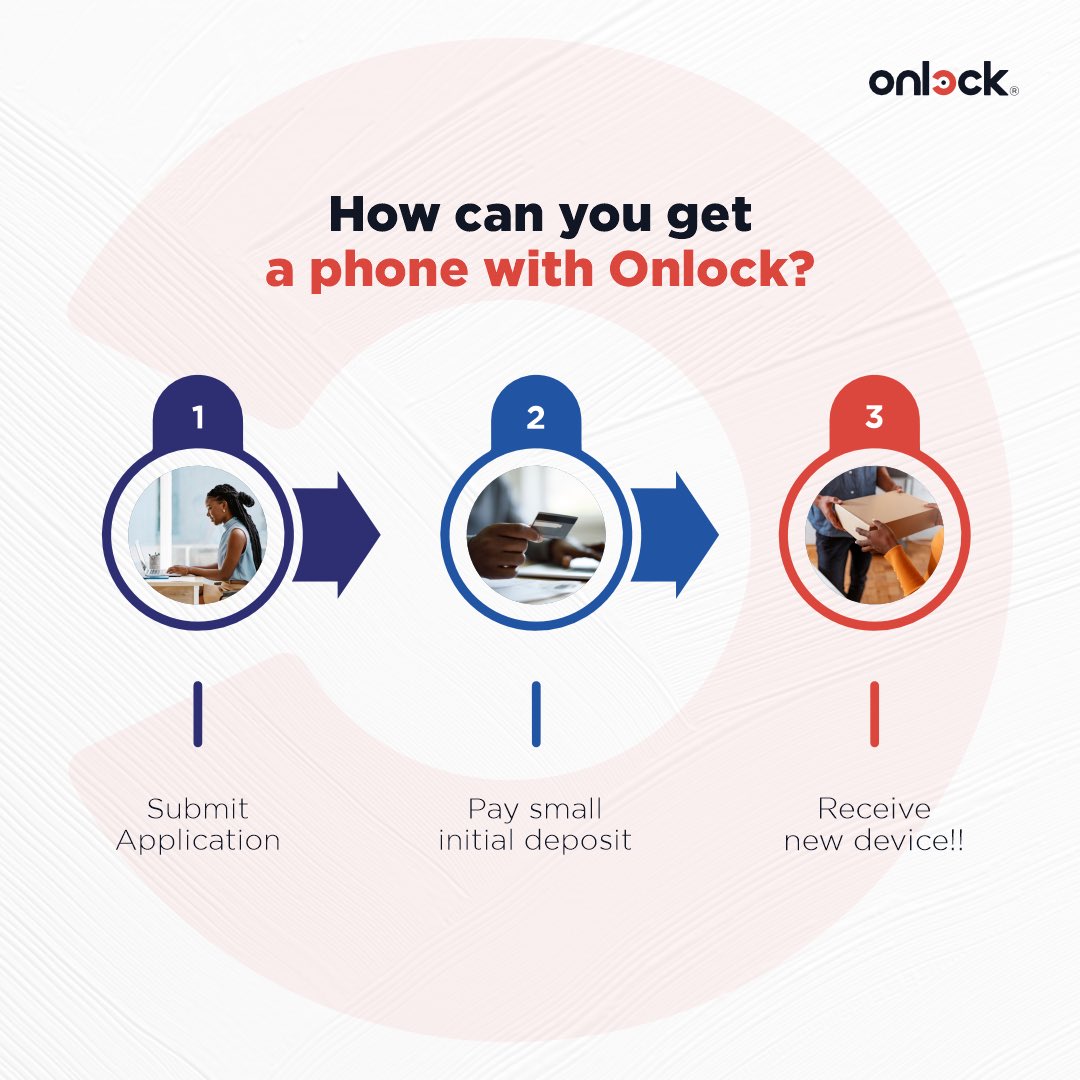 Onlockme's tweet photo. Follow the process below:

1. Visit https://t.co/Uie74ax5SG. 
2. View and select the device you want and pick a payment plan. 
3. Submit your application
4. Pay your initial deposit
5. Wait and Receive your brand new device!

Start now. https://t.co/iseR7CBndZ