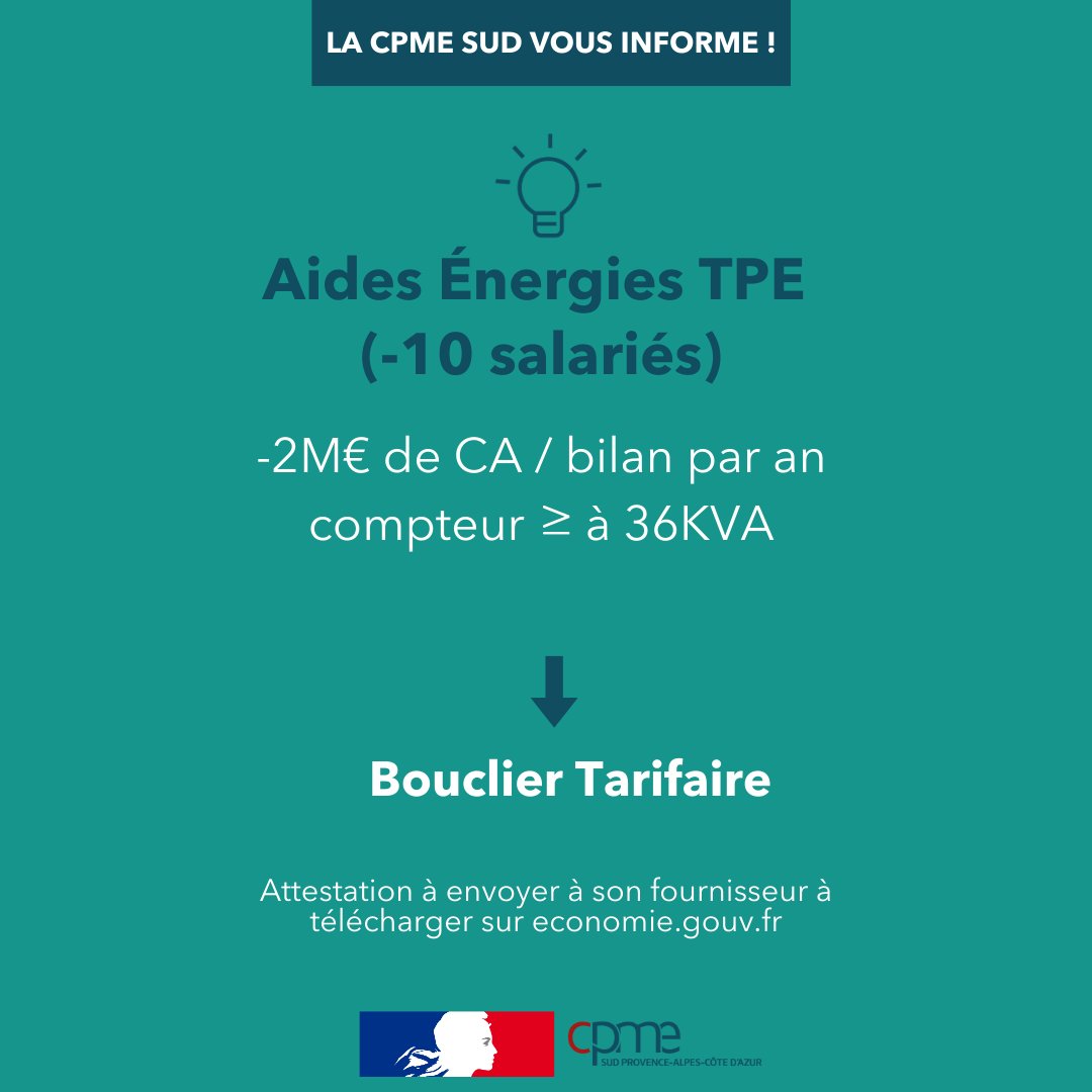 CPMESUD's tweet image. 💡 𝑬́𝒏𝒆𝒓𝒈𝒊𝒆

Vous êtes chef d'entreprise d'une #TPE - #PME  ?

Bénéficiez des #aidesgouvernementales pour faire face à la hausse de vos dépenses de gaz et d’électricité ⬇

Retrouvez tous les détails ainsi que les formulaires de demande ici  👉 bit.ly/3IHu5BA