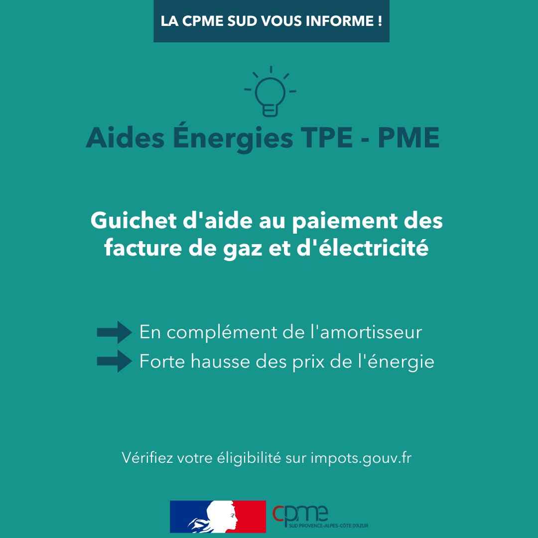 CPMESUD's tweet image. 💡 𝑬́𝒏𝒆𝒓𝒈𝒊𝒆

Vous êtes chef d'entreprise d'une #TPE - #PME  ?

Bénéficiez des #aidesgouvernementales pour faire face à la hausse de vos dépenses de gaz et d’électricité ⬇

Retrouvez tous les détails ainsi que les formulaires de demande ici  👉 bit.ly/3IHu5BA