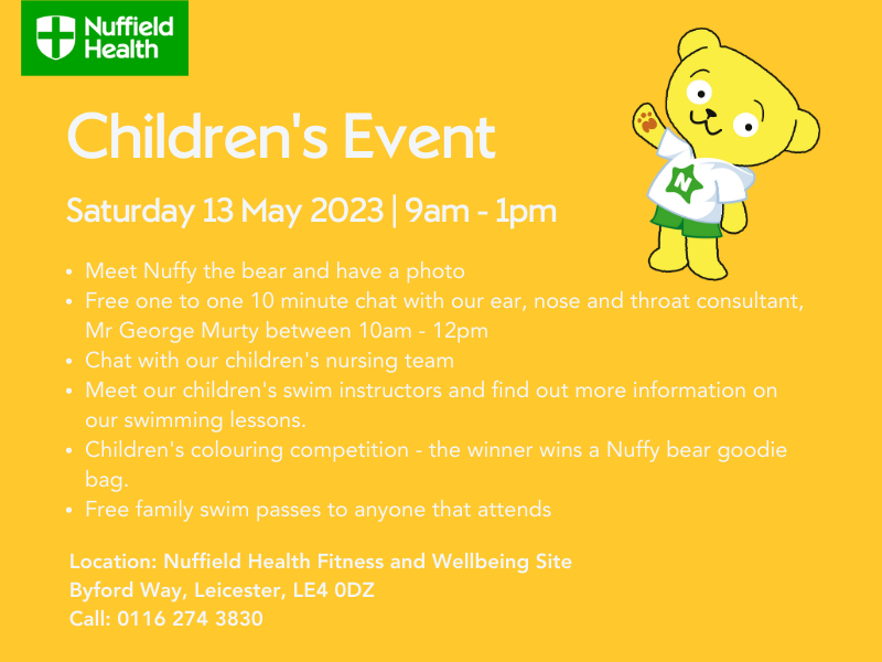 Join Nuffy Bear and the team at our Children's information event on Saturday 13th May. 

#childrensevent #earnoseandthroat #swimminglessons #childrensswim #childrensnurses #nuffybear #freechildrensevent #consultant #leicester #gym