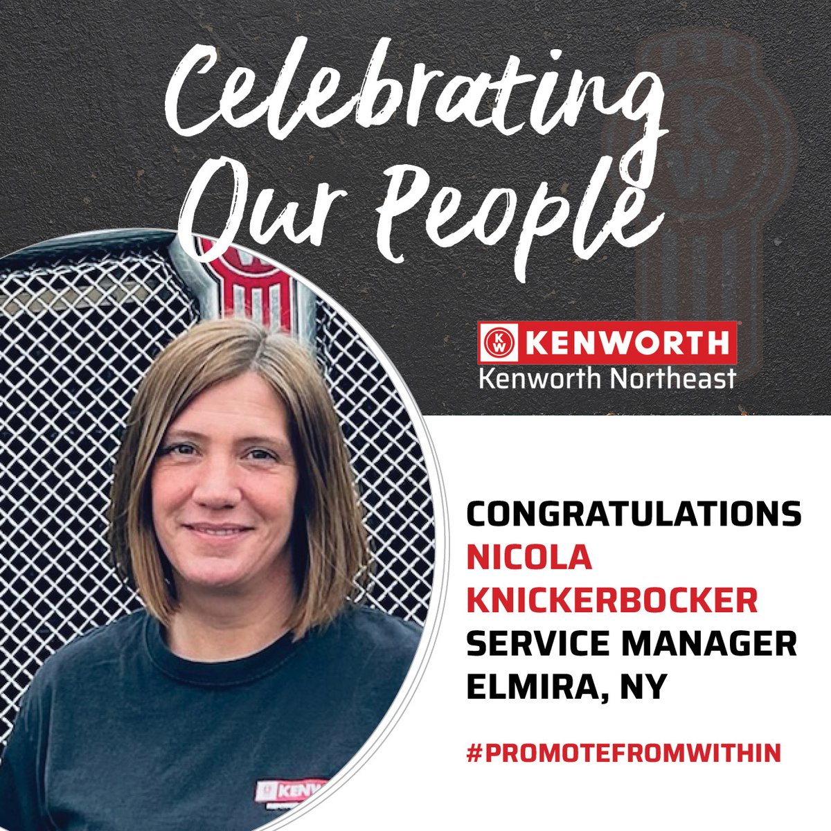 KenworthNE's tweet photo. Congratulations to Nicola at our Elmira, NY location! She was recently promoted from Service Advisor to Service Manager. We're excited to see her excel in her new role, bringing customers the best heavy duty truck service the area has to offer. #kenworthne #promotefromwithin https://t.co/qdEFKhI1DT