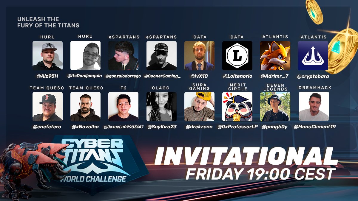 The 16 players that will face the #autochess pros in the Invitational Qualifier of the  #CyberTitans Challenge

🗓️ Friday at 19:00 CEST (May 5)
🎖️ Four spots for Grand Final (May 7)
🪙 $5K at stake

These old friends have been here from the beginning... Will they beat the pros?