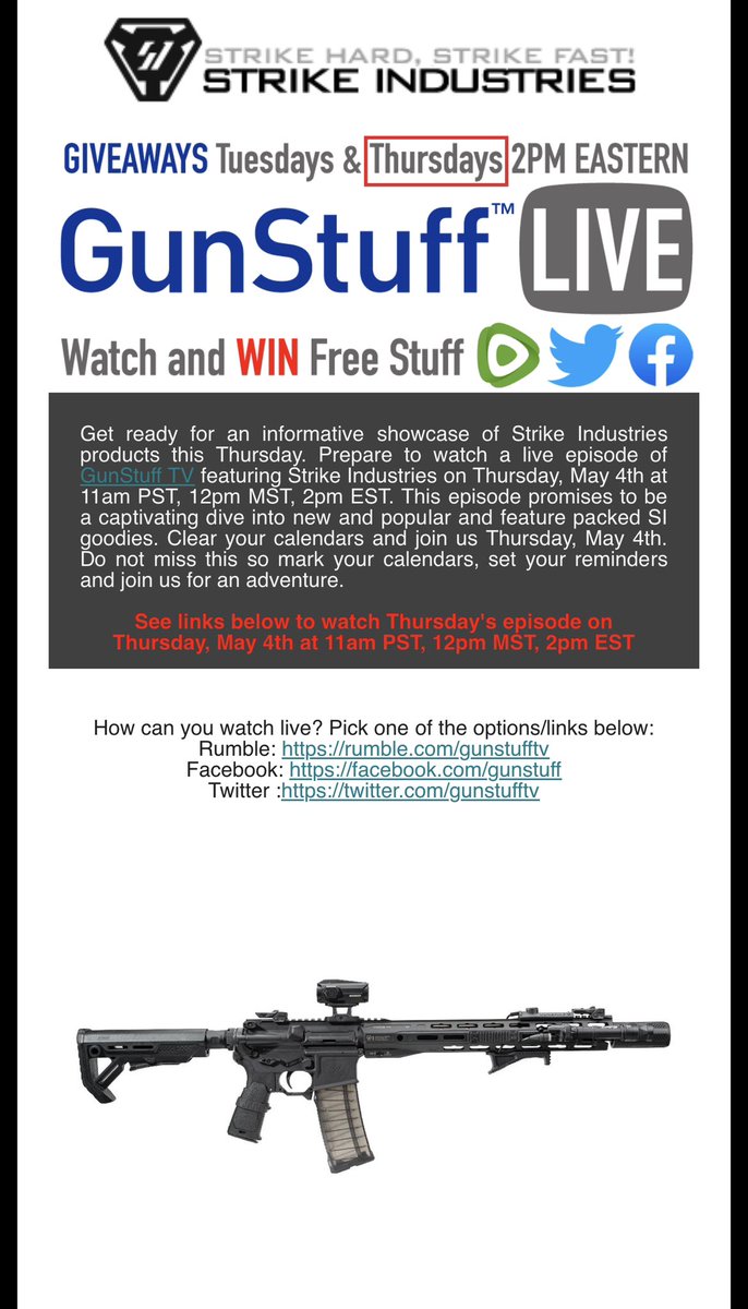 Strike_Ind's tweet photo. Prepare to watch a live episode of @GunStuffTV featuring Strike Industries on Thursday, May 4th at 11am PST, 12pm MST, 2pm EST.
#gunstufftv
#strikeindustries #strikehardstrikefast https://t.co/n5mbsONQJr