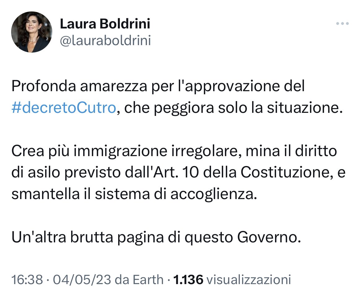 “Mina il diritto di asilo previsto dall'Art. 10 della Costituzione” 

In che modo @lauraboldrini, una stretta sulla #protezionespeciale mina il diritto di asilo?
#decretocutro