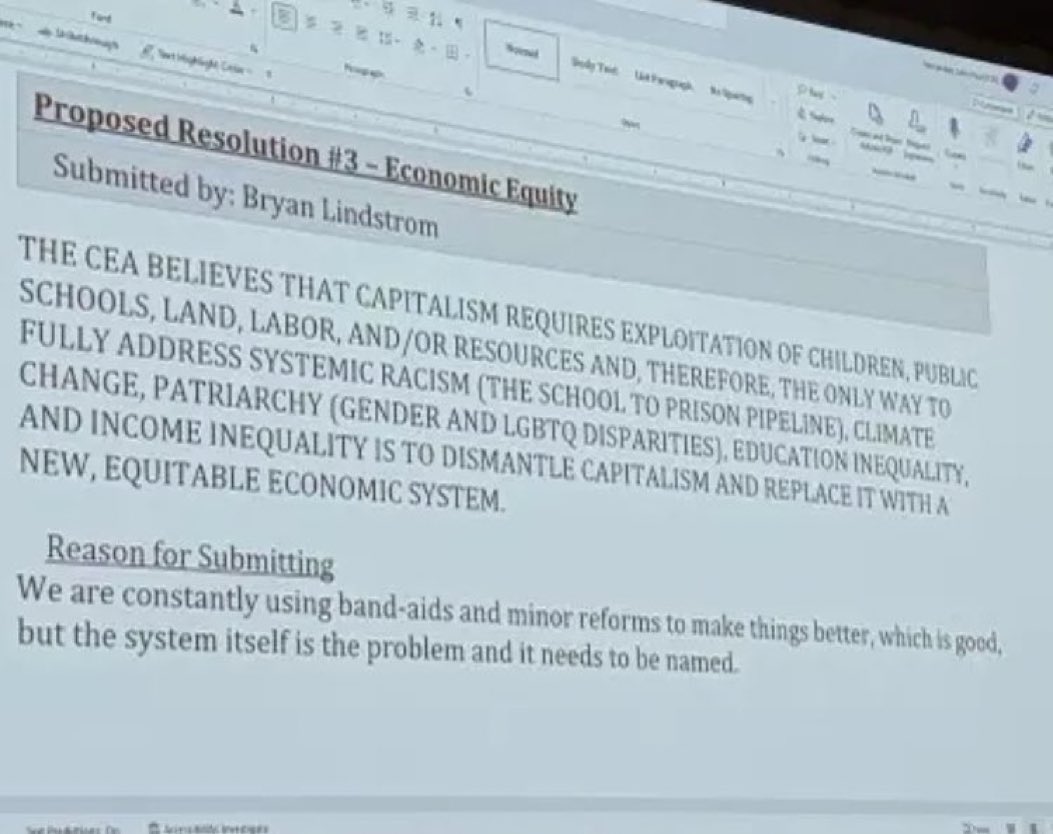 robbystarbuck's tweet photo. The National Education Association reps 3 million education workers and most are teachers. @NEAToday’s Colorado chapter just passed a resolution opposing capitalism as a system. They can now advocate &amp; lobby for anti-capitalist policy. These communists teach our next generation. https://t.co/xJ0AfbFLkv